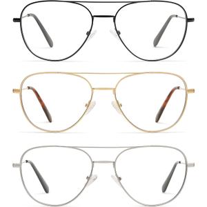 AMOMOMA 3-Pack Retro Aviator Reading Glasses for Men Women Trendy Square Blue Light Blocking Computer Readers Metal AM6092 Mix (+1.5 Magnification Strength)