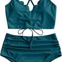 ZAFUL Women's Ruched High Waisted Tankini Swimsuit Criss Cross Bikini Set Tummy Control Bathing Suit (Deep Green, Large)