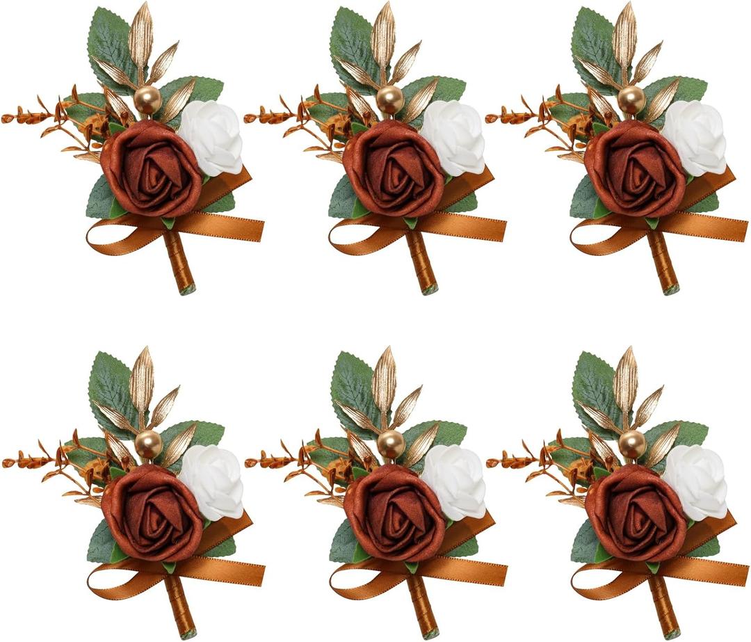 6 pcs Burnt Orange Boutonniere for Men Wedding Groom Groomsmen Best Man Terracotta Artificial Flowers Boutonniere for Fall Rustic Wedding Ceremony Anniversary Prom Flowers Formal Dinner Party