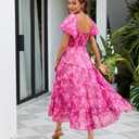 ABYOVRT Women Floral Maxi Dress Short Puff Sleeve V Neck Bohemian Flowy Dress Smocked Casual Spring Summer Dresses (Pink, M)