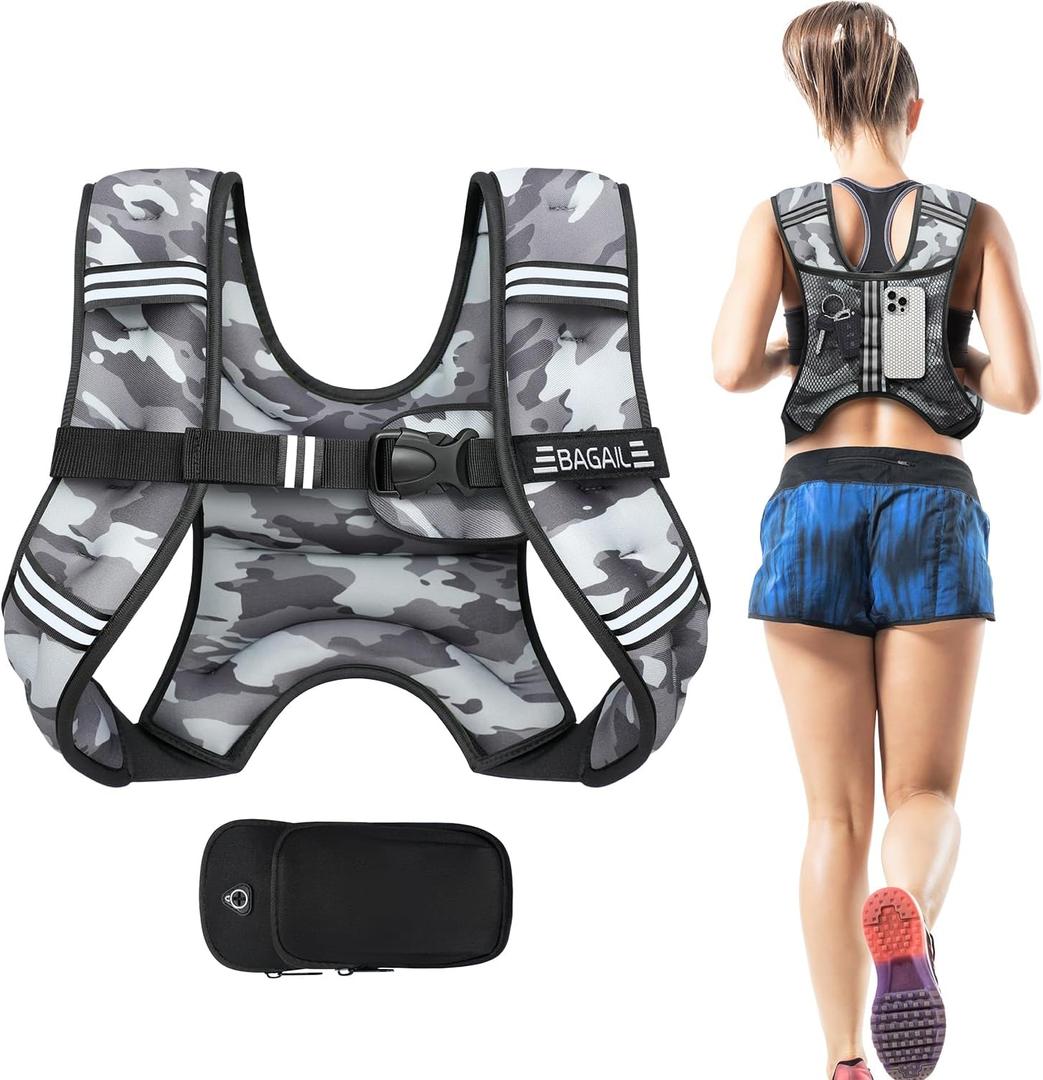 BAGAIL Weighted Vest, 5lbs/8lbs/10lbs/12lbs/15lbs/20lbs/25lbs/30lbs Weight Vest with Detachable Phone Pouch, Rucking Vest for Women, Men, Walking, Weight Loss, Training, Running (Camouflage)