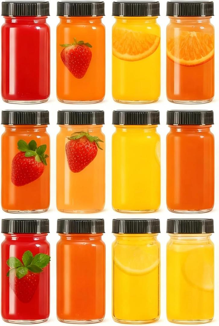 12 Pack 2 oz Glass Shot Mini Bottles with Black Lids - Reusable Leakage-Proof Small Clear Jar for Ginger, Wellness Shot, Juice, Sample, Whiskey, Essentials - Wide Mouth Containers, Dishwasher Safe