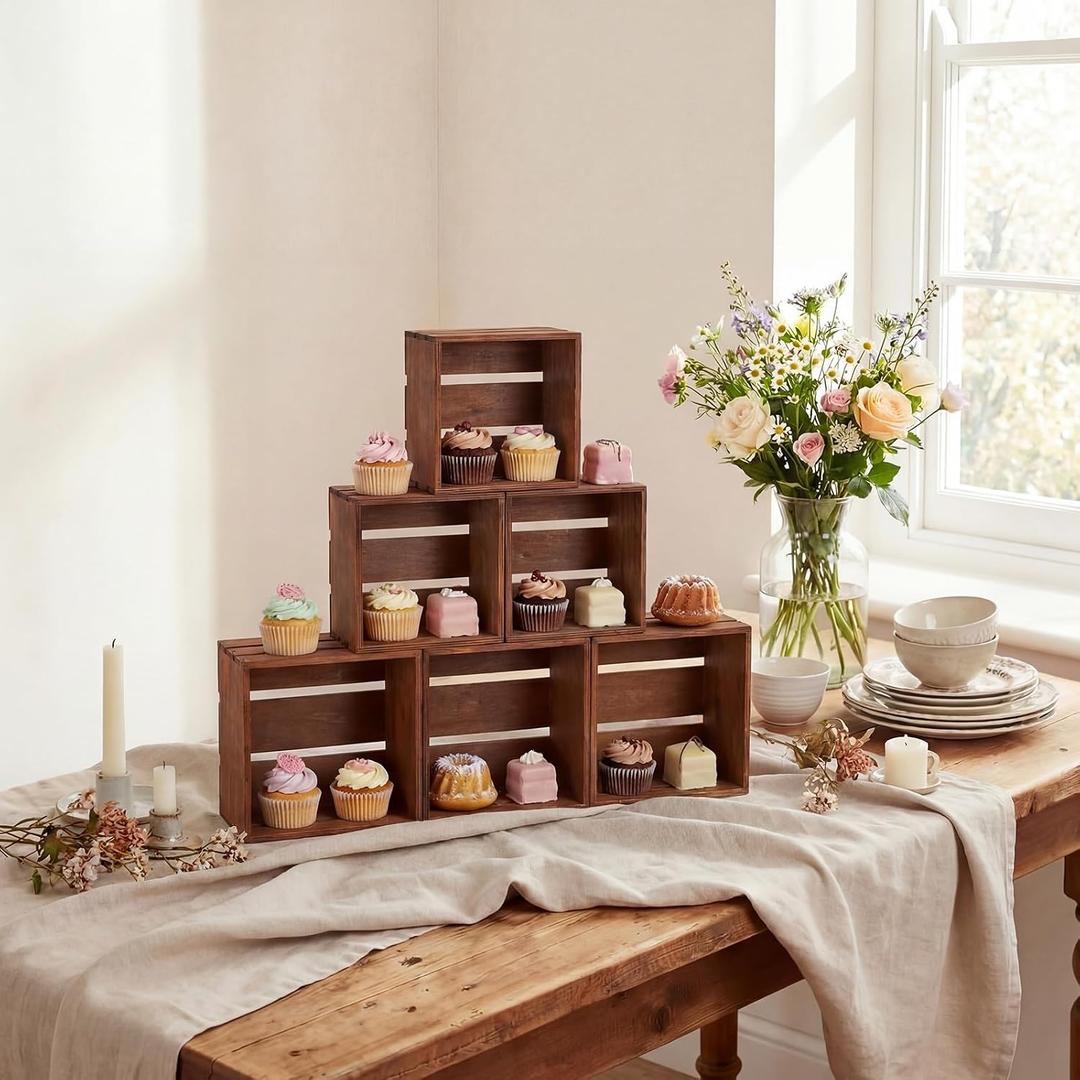 6 Pcs Rustic Wood Crates Cupcake Stand Decorative Wedding Cupcake Display Crates Stackable Distressed Food Risers for Buffet Dessert Table Display, Wedding, Birthday(Brown)
