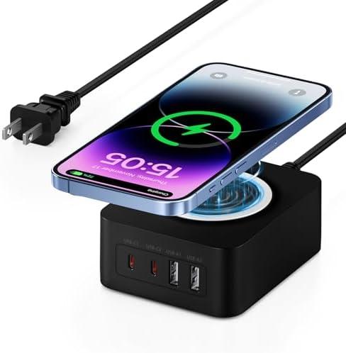 60W USB Charging Station with 15W Wireless Charger, 2 USB A and 2 USB C Multiple Port Desktop Charger Quick Charge Block for Samsung S25 A16 A15 A55 S24 A14 iPhone 16 iPad MacBook Laptop Pixel 9 8 Pro