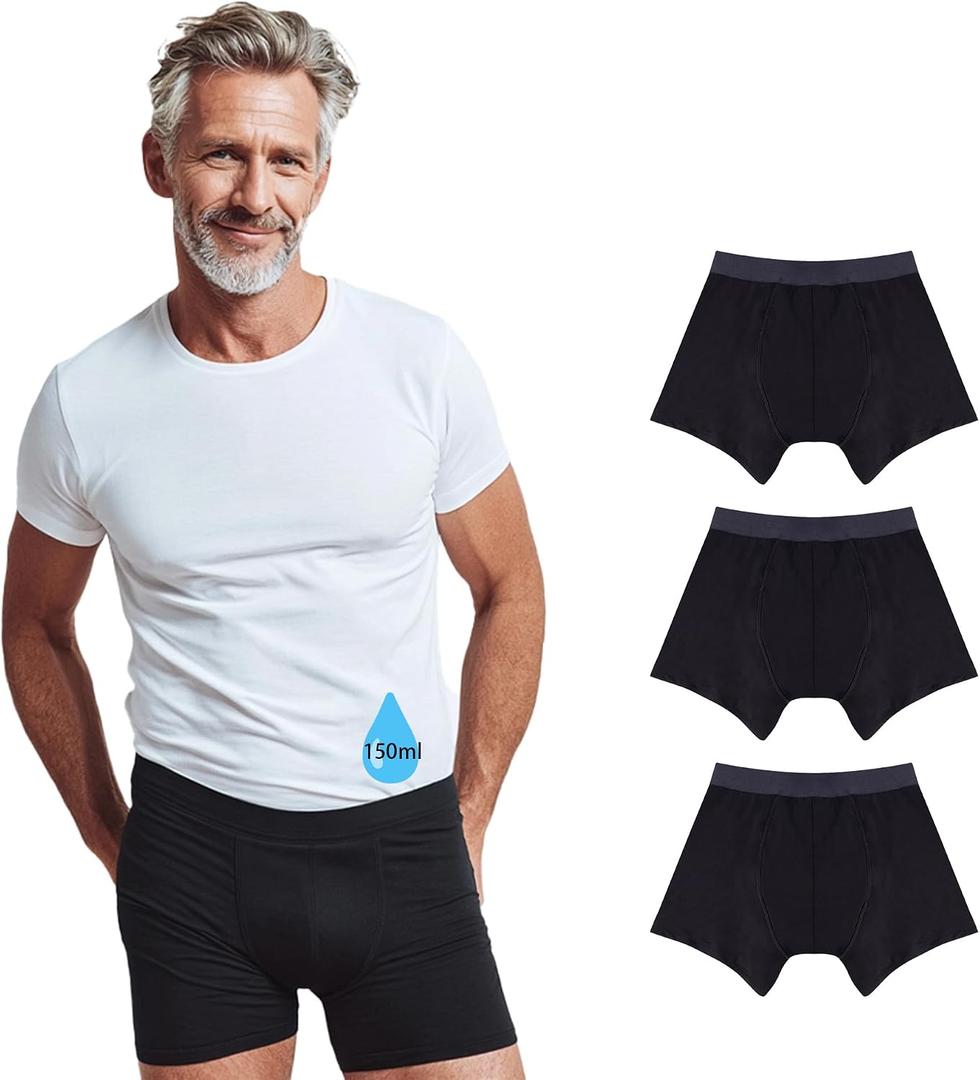 3 x Men's Incontinence Underwear, 150ml Leak Proof Washable Reusable Cotton Boxer Brief, Heavy Flow Bladder Leak 3 Pack (Small)