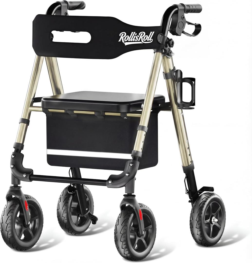 Walkers for Seniors Taller 5.3~7ft, Lightweight Foldable Rollator Walker, Built in Cable, Reinforced Aluminum Frame, 8" Big Rubber Wheels for All Terrain, 350lb Weight Capacity, Golden