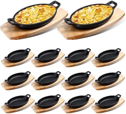 Mifoci 12 Sets Cast Iron Skillet with Wooden Base Mini Cast Iron Fajita Bowls Oval Dish Tray Serving Sizzling Plate for Baking Roasting Cooking Kitchen Restaurant,8.7 x 4.7 x 1.6 Inch
