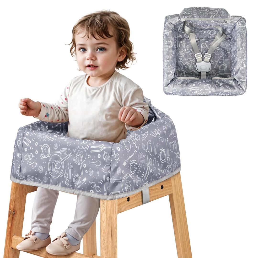 High Chair Cover for Baby Restaurant with Safety Harness Stain and Slip Resistant Waterproof Portable for Outdoor Indoor Eating Grey