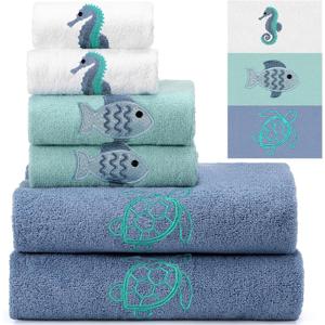 6 Pcs Coastal Ocean Beach Embroidered Towel Set 2 Bath Towels, 2 Hand Towels, 2 Washcloths with Fish, Seahorse, Turtle Design Decorative Summer Towel for Bathroom Shower Kitchen, 6 pieces