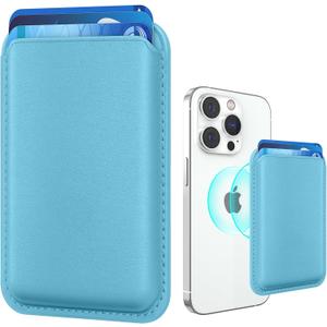 Magnetic Mag-safe Wallet Cell Phone Card Holder for Phone Case with Mag-Safe, Stronger Magnetic RFID Leather Phone Wallet Stick on Series of iPhone 15/14/13/12 and Pro/Promax, Light Blue