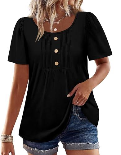 OFEEFAN Short Sleeve Shirts for Women Peplum Tops Dressy Casual Blouses Oversized Tshirts Plus Size Business Work Clothes Travel Essentials Black L