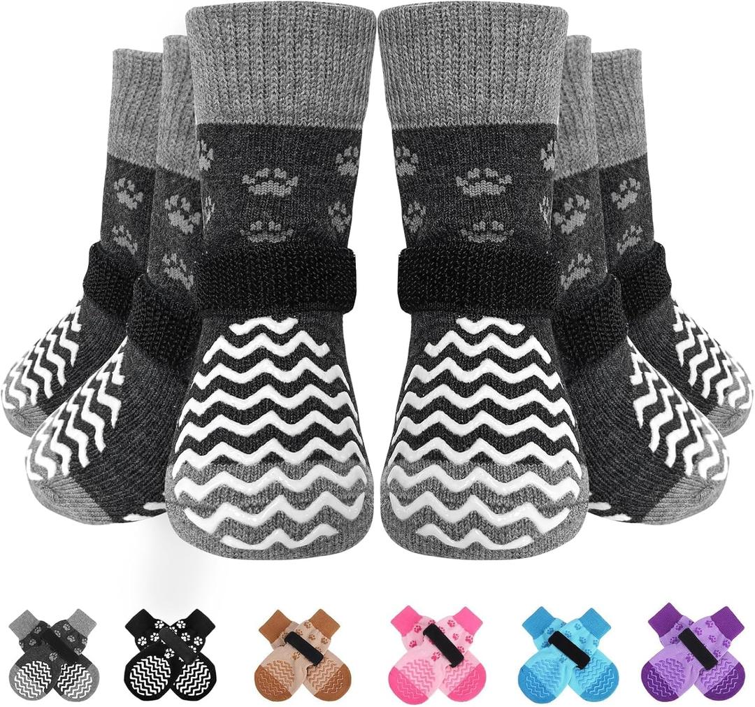 EXPAWLORER 6Pcs Anti Slip Dog Socks to Prevent Licking Paws, Dog Shoes for Hot Pavement, Double Sides Dog Boots & Paw Protectors Booties for Hardwood Floors with Grip, M (Grey)