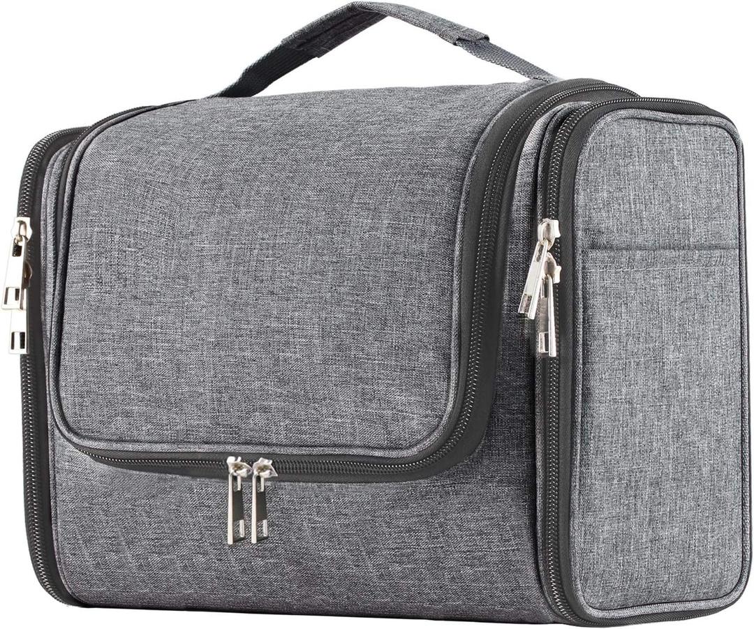 Buruis Hanging Toiletry Bag for Women and Men, Large Water-Resistant Makeup Organizer with Sturdy Hook, Lightweight Nylon Dopp Kit for Full-Sized Toiletries & Cosmetics, Oxford Gray