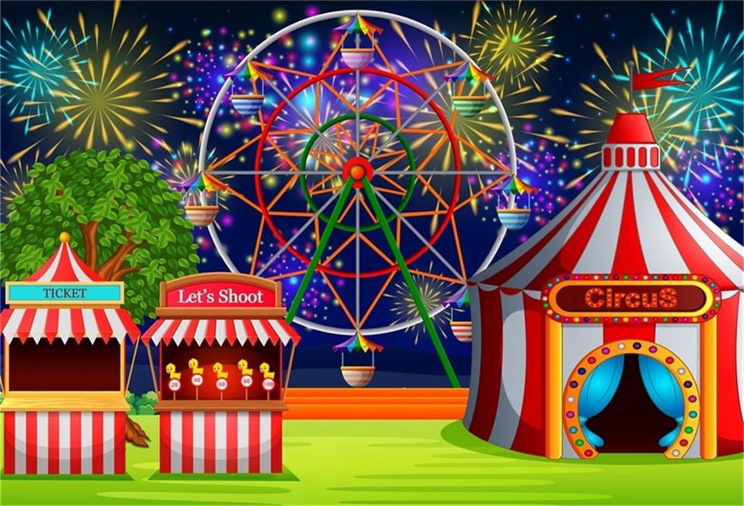 AOFOTO 7x5ft Fairground Circus Tent Backdrop Cartoon Amusement Park Ferris Wheel Fireworks Photography Background Playground Childhood Fun Carnival Party Decoration Studio Props Kid Vinyl Wallpaper