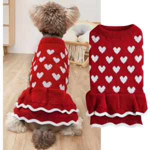 Winmany Valentines Day Dog Sweater Small Medium Cats Dogs Red Pink Heart Dress Pet Winter Turtleneck Pullover Knitwear (Red, Small)
