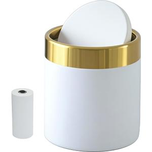 Mini Trash Can with Lid, 1.5 Liter / 0.4 Gallon Small Metal Desk Garbage Bin for Countertop, Coffee Bar, Vanity  White