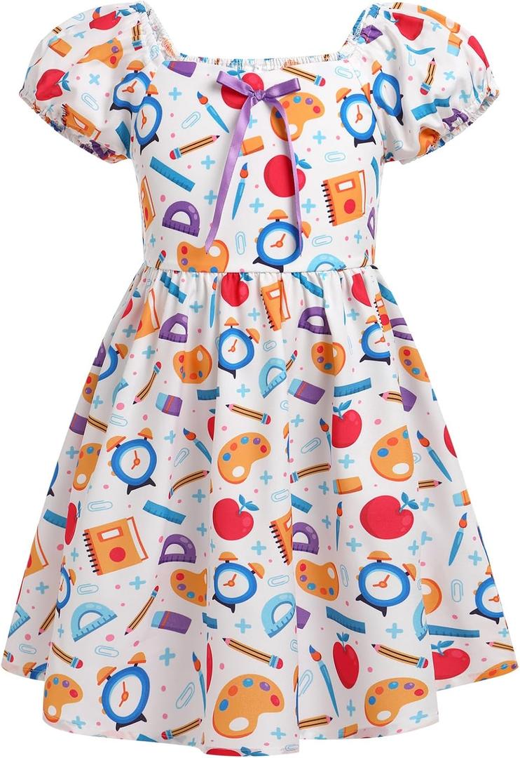 IMEKIS Toddler Kids Girls Back to School Dress Smocked Dress Pencil Print Kindergarten First Day of School Outfit 5-6Y