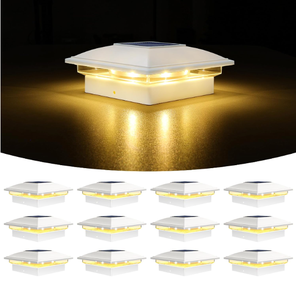 VOLISUN 12Pack Post Cap Light Solar: RGB Color Changing  Fence Post Lights Outdoor Waterproof for 4x4 x6 Wooden or 4x4 x5 Vinyl(White)