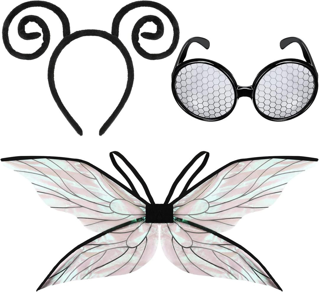 Yinder Fly Costume Accessories Bug Antenna Headband and Glasses Holographic Halloween Wings Set Cosplay Party Favors for Women, Men