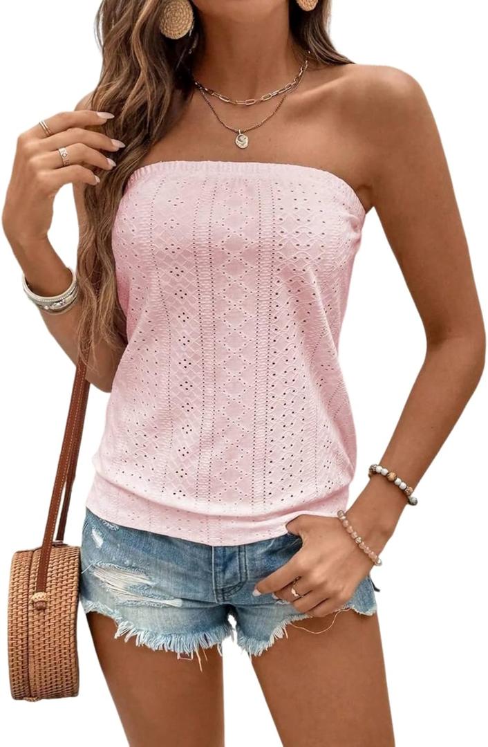 ZAFUL Women Satin Strapless Tube Tops Side Split Sleeveless Backless Bandeau Top Going Out Bustier Tops Silk Tank Top (Pink, XL)