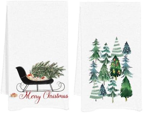 UTELKA Green Christmas Tree Bathroom Towels, Winter Xmas Kitchen Hand Towel Set of 2, Winter Festive Holiday Tea Dish Towels for Farmhouse Green Christmas Decor for Mom Women 16x24