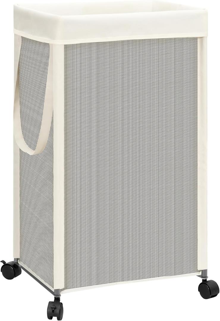 STORAGE MANIAC Laundry Hamper with Wheels, 90L (23.7 Gal) Large Tall Rolling Laundry Basket with Removable and Washable Liner Bag, Aesthetic Dirty Clothes Hamper for College, Dorm, Off-white (16.9" x 12.2" x 29.5")