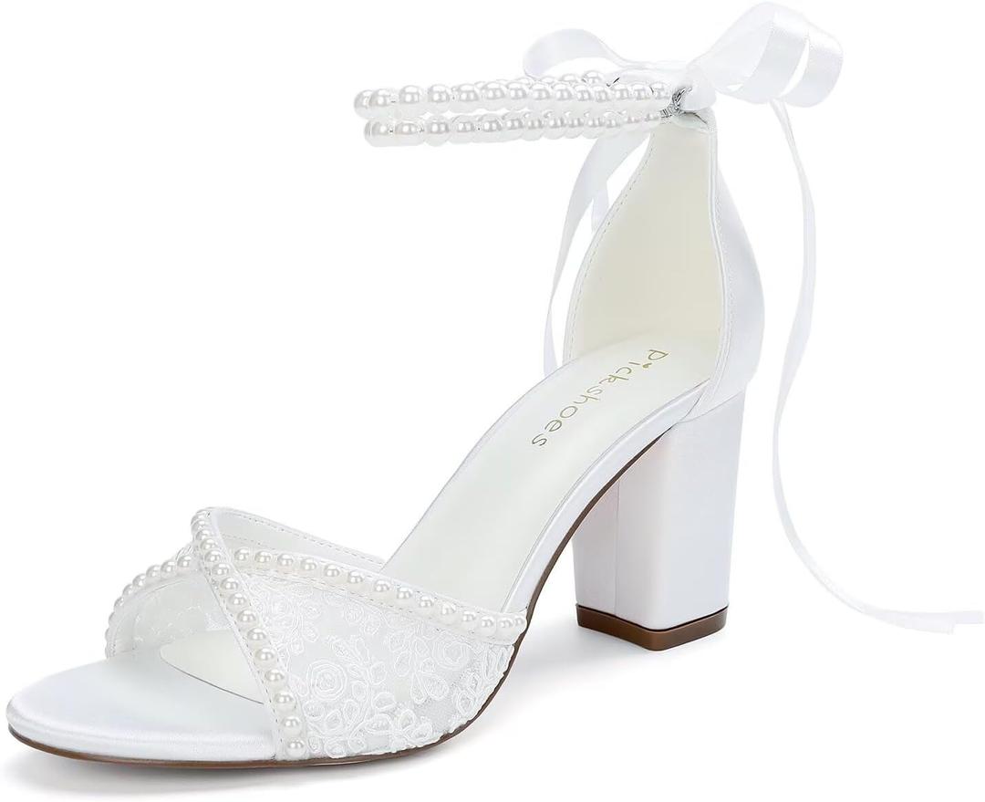 Lace Wedding Shoes for Bride Pearl Heels Bridal Shoes Block Heel Wedding Sandals, Size: 8