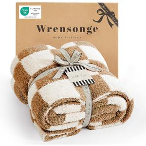 WRENSONGE Fall Checkered Throw Blanket, Burnt Orange Soft Cozy Fluffy Warm Hand Made Throw Blankets for Couch, Sofa, Chair, Bed, Camping, Picnic, Travel Lightweight Bed Blanket - 50"*70"