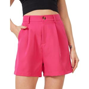Women's Casual Pleated Dressy Business Work Shorts Elastic High Waisted Wide Leg with Pockets (Pink, XL)