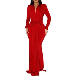 Memoriesea Women's Elegant Long Sleeve Deep V Neck Bodycon Party Evening Gown Maxi Dress (Large, Red)