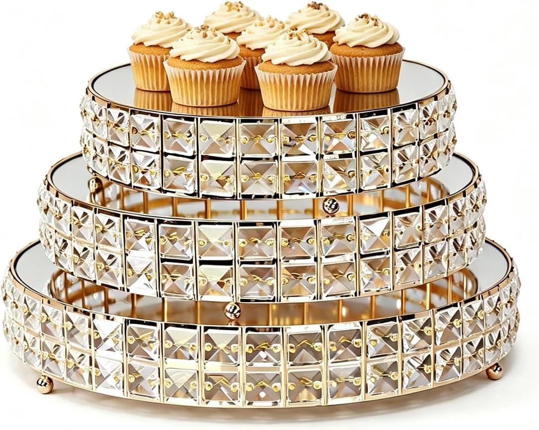 Set of 3 Gold Crystal Mirror Cake Stands, 14"/12"/10" Round Decorative Trays with Replacement Crystals & Mirror Glass, for Wedding Dessert Table, Vanity Perfume Organizer, Home & Party Display