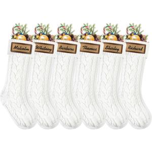 6 Pack Christmas Stockings, 18inch Large White Cable Knitted Stocking Personalized Xmas Hanging Stocking with Leather Patches Custom Name for Christmas Holiday Party Decoration