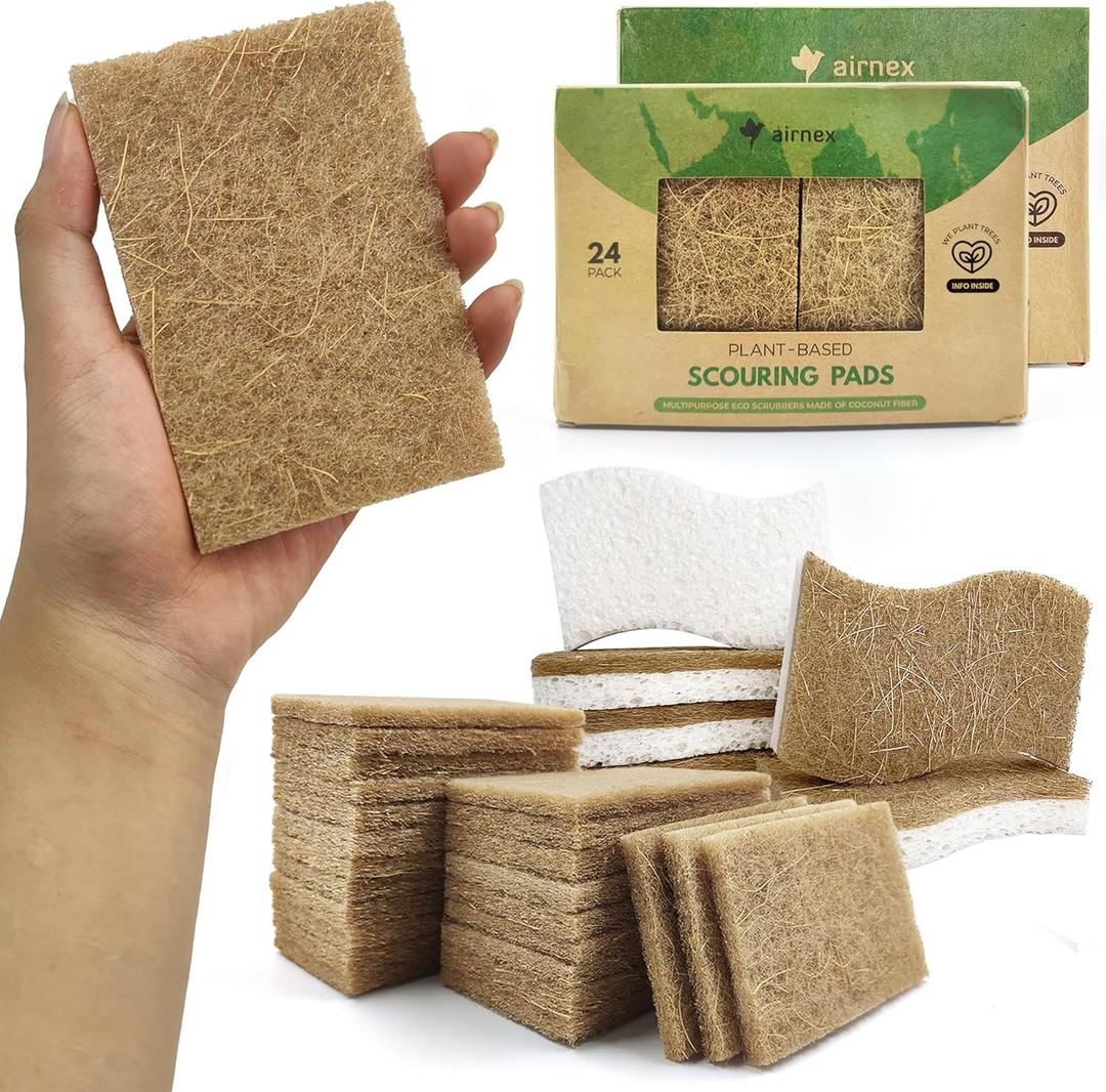 Pack of 24 Non Scratch Scouring Pads for Pots and Pans with Pack of 6 S-Shape Odor Free Natural Kitchen Sponges