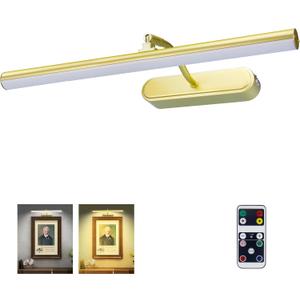 Picture Light,3AA Battery Wall Lights,Wireless Art Lights for Paintings,Remote Control Accent Light with Timer and Dimmable for Frame,Portrait,Mirror-GD (15INCH, Gold)