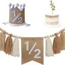 Neutral Half Birthday Decoration Byrlap 1/2 High Chair Banner with Crown Hat and Cake Topper for 6 Months Half Birthday Half Way To One Baby Boy Outfit Supplie
