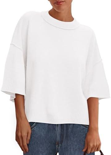 BTFBM Womens Short Sleeve Tops 2025 Summer Casual Crew Neck Oversized Sweater Solid Color Ribbed Knit T Shirts (S, White)