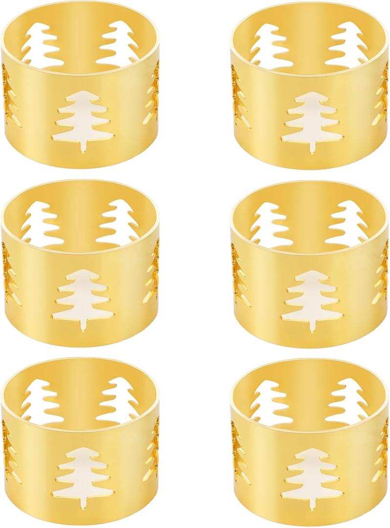 Christmas Napkin Rings Set of 6 Gold Napkin Holders with Christmas Tree, Napkin Buckles for Xmas, Thanksgiving, Holidays, Dinner, Banquet, Weddings, Family Gathers, Dining Table Settings Decoration