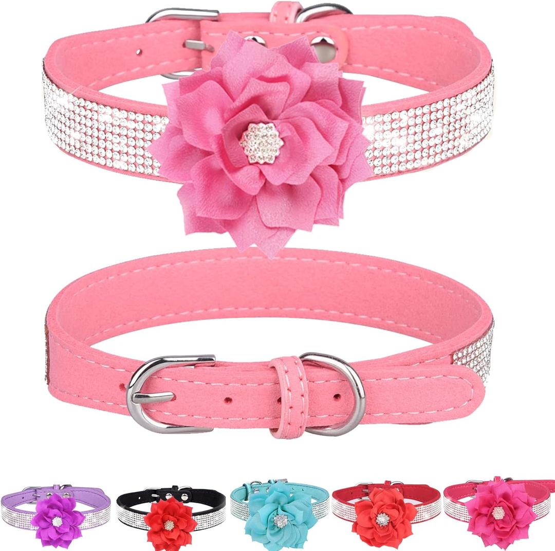 Rhinestone XS Dog Collar with Flower for Girl Female, Pink Dog Collars for Dogs, Bling Cat Collar (Pink, XS)