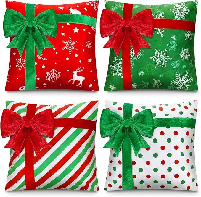 Kingdder Christmas Pillow Covers 16 x 16 Inch Set of 4 Farmhouse Xmas Throw Pillow Cases Gift Box Style Red Green White Snowflake Bow Decoration for Couch Holiday Sofa Cushion Decor