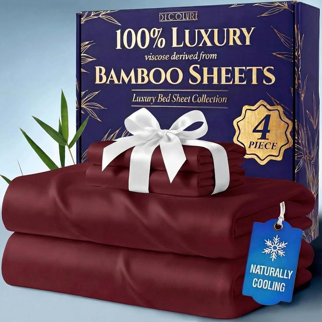 DECOLURE 100% Viscose Derived from Bamboo Sheets King Size - Luxury 4 Pc Naturally Cooling Sheets, Ultra Soft Bed Set - Deep 17" Pockets, Durable Double Stitching, Oeko Tex Standard (Burgundy)