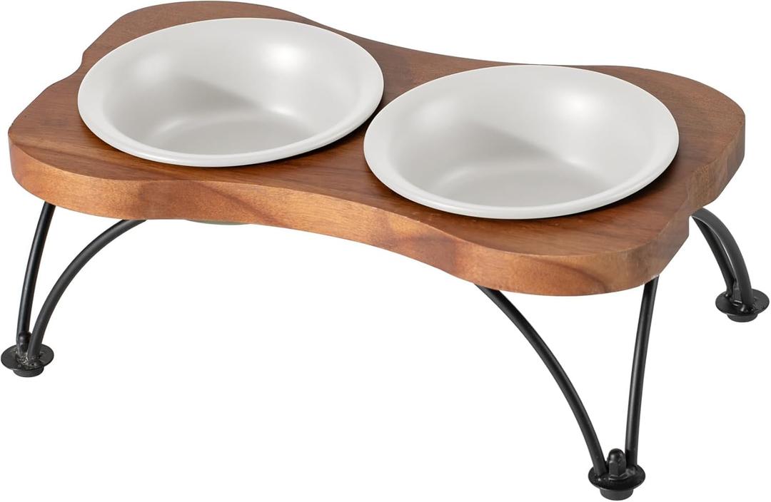 Ceramic 5.5-inch Raised Double-Bowl Set with Non-Slip Stand, 1 Cup Food or 9.5oz Water Dishes for Puppies and Cats, Wide Opening with Rounded Edges(Matt White)