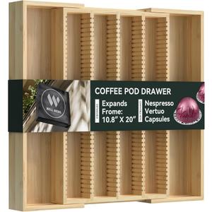 Larger Expandable Bamboo Organizer Holder for Counter Drawer Insert - Compatible with Nespresso Vertuo Capsules - Tea Bags Storage (Natural) 10.8" -19"W x15.67"Dx1.9"H
