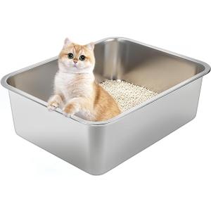 Stainless Steel Cat Litter Box for Large Cats - 17.5"x13.6"x6.1" High-Sided Metal Tray, Anti-Splash & Odor Resistant, Durable Rustproof Design, Easy to Clean 2Pcs