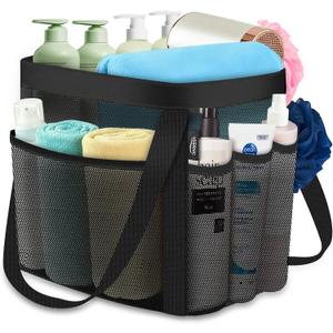 YASONIC Mesh Shower Caddy Portable for Dorm College Room Essentials, 8-Pocket Large Shower Bag with Double Handles, Hanging Shower Basket for Beach, Swimming, Bathroom, Beach, Camp, Gym, Black