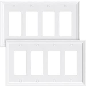 4-Pack Quad Decorator Outlet Cover Plate, White Decorative Switch Plates and Outlet Covers, Natural Bamboo Fiber Wall Plates for Electrical Outlets, Receptacle, GFCI Outlet, Dimmer Switch