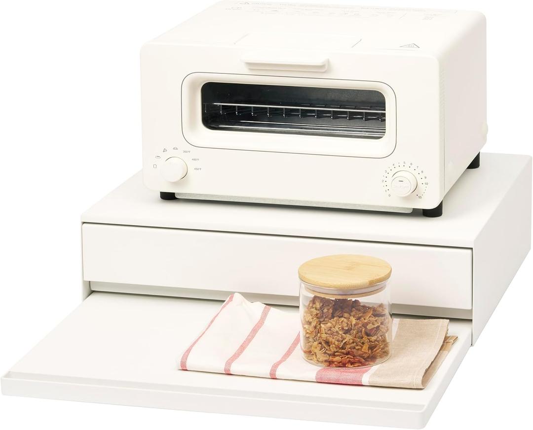 Yamazaki Home Tower Kitchen Countertop Organizer Appliance Stand With Drawer And Pull-Out Shelf - Steel (White)