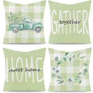 WATINC 4Pcs Spring Summer Pillow Covers Eucalyptus Leaves Garland Truck Cushion Cases Linen Cloth Sweet Home Together Gather Plaid Pillowcase Decoration Farmhouse for Sofa Home Car Couch 18 x 18 Inch