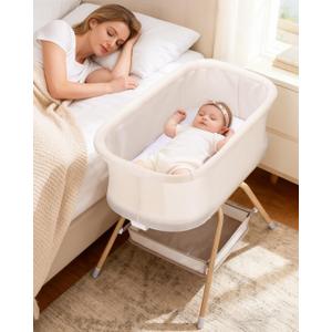 3 in 1 Baby Bassinet, Rocking Bedside Bassinet for Baby with Mesh Design & Soft Mattress, Bassinet Bedside Sleeper for Newborn InfantPortable Nest with Storage Basket, Easy Assemble & Folding Beige, Twin
