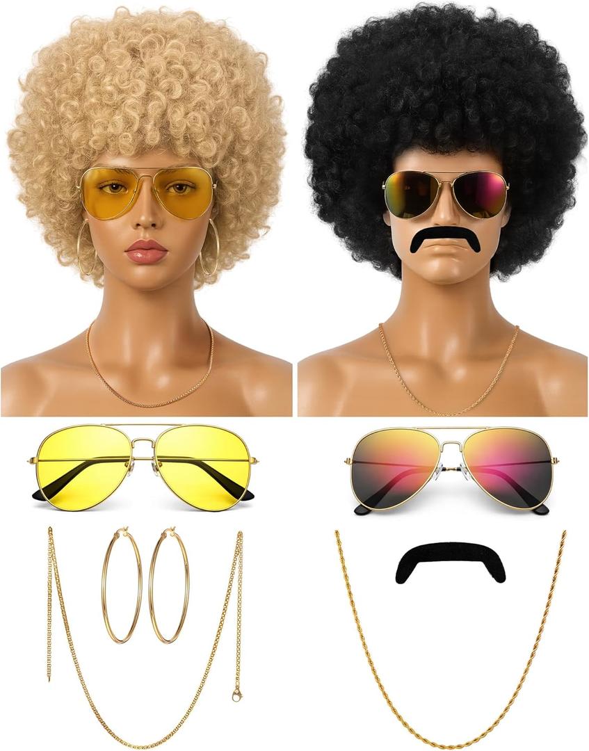 Mepase 9 Pcs 70s 80s Afro Wigs with Mustache Glasses Necklaces Earrings for Couple Halloween Men Women Hippies Disco Costume
