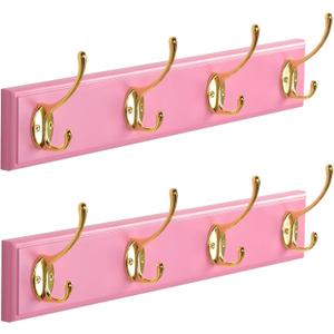 Wall Mount Bamboo Coat Rack, 17 Inch, 4 Double Hooks,2 Pack, Pink and Gold
